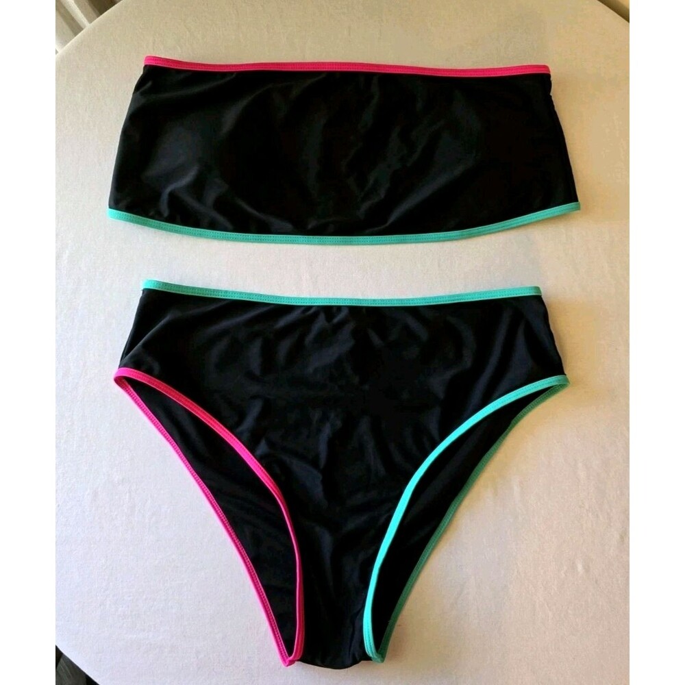 Plus 2X Bandeau Bikini Swim Black Pink Teal Trim High Waist Coastal Beachwear